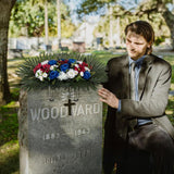 Headstone Flower Saddle Arrangements - Artificial Cemetery Flowers Silk Funeral Memorial Day Sympathy Floral For Outdoor Gravestone Decorations (Red White Royal Blue)