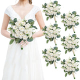 Bridesmaids Bouquets For Wedding - Set Of 6 Realistic Artificial Rose Eucalyptus Silk Bride Flowers For Bridal Shower Ceremony Decorations - Ivory White