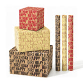 Vintage Recyclable Kraft Birthday Wrapping Paper Rolls, Designed With Text Black Red Gold Happy Birthday, 3 Mini Rolls, 17 Inch X 9.8 Feet Per Roll
