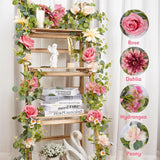 6.07Ft Pink Flower Garland, Silk Artificial Flowers Centerpieces For Tables, Eucalyptus Garland With Rose Dahlia Vines Hanging Outdoor Garlands For Wedding Birthday Party Backdrop Decorations(1 Pack)