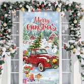 Christmas Door Covers Red Truck Xmas Cover For Door Christmas Truck Front Door Cover For Merry Christmas New Year Photography Background Party Decoration, 70.9 X 35.4 Inches