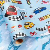 Blue Birthday Wrapping Paper Roll - 17 In X 16.4 Ft(23.3 Sqft) - Boys Wrapping Paper For Celebrate Party, Baby Shower With Race Car, Happy Birthday Text And Lightning Pattern