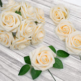 50Pcs Artificial Roses Flower Real Looking Foam Rose Fake Flowers With Stem & Leaves For Diy Wedding Bouquets Centerpieces Party Home Decorations (Cream)