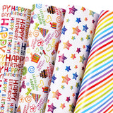 Birthday Wrapping Paper 12 Sheets Folded Flat For Kids, Boys, Girls, Adults.Includes Happy Birthday, Star, Rainbow, Cake 4 Colorful Designs For Baby Shower, Holiday, Party 20 X 29 Inch