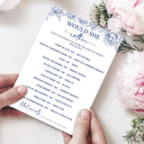 Blue Floral Bridal Shower Game Cards - Would She Rather, Wedding Engagement Bachelorette Party Bridal Shower Games For 30 Guests, Double Sided Cards Set Of 30, Activity Supplies & Favor/B07