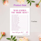 Who Knows The Bride Best Game, Bridal Shower Questionnaire Cards, Pink Wedding Game, How Well Do You Know The Bride, Bridal Shower Games, Bachelorette Party Games -Wktb03