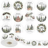 1000Pcs Christmas Roll Stickers 1.5 Inch Self-Adhesive Watercolor Cedar Wreath Pine Cone Label Decals For Winter Xmas Seal Cards Envelopes, 8 Designs