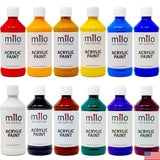 milo Acrylic Paint Set of 12 Colors | 8 oz Bottles | Student Primary Colors Acrylics Painting Pack | Made in the USA | Non-Toxic Arts & Crafts Paints for Artists & Hobby Painters