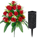 Artificial Cemetery Flowers – Grave Decorations, Cemetery Flowers For Grave Vase, Artificial Rose, Silk Flowers For Long-Lasting Remembrance(Red, 2 Bouquets)