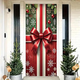 Christmas Door Cover Banner 35X71 Inch Holiday Front Door Decoration With Red Ribbon Bow Ornaments And Striped Gift Wrap Pattern For Xmas Winter Wall Hanging Seasonal Decor