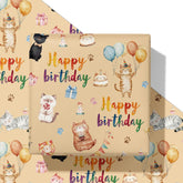 Cat Birthday Wrapping Paper For Kids Adults - Funny Watercolor Gift Wrap With Cute Cat Happy Birthday Balloons Cake Candy And Paw For B-Day, Baby Shower - 28X40 Inches, 4 Sheets