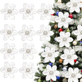 10Pcs Christmas Magnolia Flowers White Silver Artificial Flowers For Holiday Party Home Vase Decoration Glitter Velvet Magnolia Stems For Christmas Tree Wreath Decor