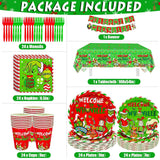 203Pcs Whoville Christmas Decorations Welcome To Whoville Banner Paper Plates Green Table Cloth Green Napkins Forks For Christmas Party Supplies