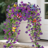 2 Packs Outdoor Artificial Hanging Flowers With 3D Magnetic Butterflies, Uv Resistant Faux Silk Blooms For Spring Summer Porch Patio Balcony Decor, Violet & Purple