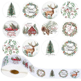 1000Pcs Christmas Stickers 1.5Inch Assorted Round Sticker In Roll Rustic Christmas Tree Wreath Elk Truck Pattern Label Stickers For Xmas Seals Cards Presents Envelopes, 8 Designs
