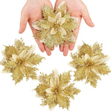 12 Pcs Glitter Poinsettia 5.5" Artificial Flowers Christmas With Clips Stems Xmas Tree Ornaments For New Year Party Stairs Fireplace Porch Balcony Garden Church Wreath Decoration (Golden)