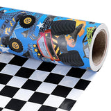 Reversible Monster Truck Wrapping Paper Roll, Mini Roll, Monster Truck And Checkered Design, Dark Blue Gift Wrap For Boys, Kids, Birthday Gifts, Themed Party And Holiday, 17 Inches X 16.4 Feet