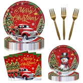 96 Pieces Merry Christmas Paper Plates And Napkins Tableware Set, Snowman Truck Christmas Tree Disposable Dinnerware With Paper Plates Napkins Forks For Xmas Winter Holiday Party Supplies - Serves 24