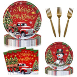 96 Pieces Merry Christmas Paper Plates And Napkins Tableware Set, Snowman Truck Christmas Tree Disposable Dinnerware With Paper Plates Napkins Forks For Xmas Winter Holiday Party Supplies - Serves 24