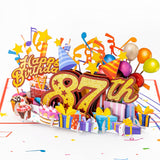 3D Pop Up Happy 87Th Birthday Card – Red Design With Glitter Numbers, Balloons, Cakes & Gifts – Unique Bday Card For Dad, Mom, Husband, Wife, Man Or Woman – 5" X 7"