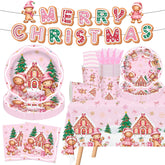 142 Pcs Pink Christmas Gingerbread Party Decorations Merry Christmas Cookie House Gingerbread Man Party Supplies Candy Tree Paper Plates And Napkins Banner Tablecloth For Xmas Birthday Gender Reveal