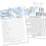 Baby Shower Games For 25 Guests - Blue Elephant Boy Baby Shower Games Word Scramble, True Or False Babyshower Game Boy, Gender Reveal Game, Made In Usa