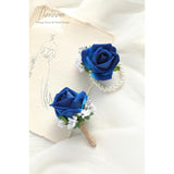 Royal Blue Rose Wrist Corsage Wristlet Band Bracelet And Men Boutonniere Set For Wedding Flower Accessories Prom Suit Decorations