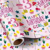 Happy 3Rd Birthday Wrapping Paper Roll For Girls, Mini Roll, Pink Happy Birthday Girl Pattern Design For Party And More, 17 Inches X 16.4 Feet, 3 Years Old