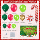138 Pcs Christmas Balloon Arch Kit Christmas Balloon Garland With Merry Christ Mas Back Drop, Red Green Gold Latex Balloons And Red Candy Cane Lollipop For Xmas Party Decorations