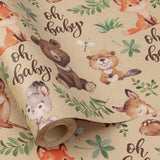 Jungle Animal Wrapping Paper Roll, Mini Roll, Woodland Animal Design With Oh Baby Text Design Kraft Gift Wrap For Baby Shower, Newborn Gifts And Gender Reveal, 17 Inches X 9.8 Feet