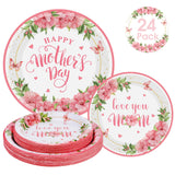 24 Pcs Happy Mother's Day Plates Set - Pink Love You Mom Paper Plate, Disposable Flowers Mothers Day Round Dinner Dessert Plates Tableware for Mother Days Party Supplies Favors Table Decorations