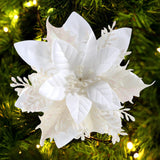 Christmas Poinsettia Artificial Flowers Decorations 5.5" Christmas Tree Wreaths Garland Decoration 12 Pcs Glitter Flowers Picks Decor For Xmas New Year Wedding Party Ornaments (White)