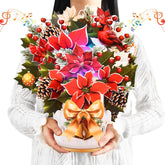 Pop Up Christmas Cards With Lights And Music, 12 Inch Paper 3D Poinsettia Bouquet Design, Musical Xmas Flower Popup Greeting Card With Note Card & Envelope For Christmas Holiday Decoration