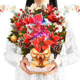 Pop Up Christmas Cards With Lights And Music, 12 Inch Paper 3D Poinsettia Bouquet Design, Musical Xmas Flower Popup Greeting Card With Note Card & Envelope For Christmas Holiday Decoration