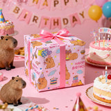 Pink Capybara Birthday Wrapping Paper Roll, Cartoon Capybara With Gifts, Balloons Cake Design For Kids Birthday Parties & Gift Wrapping, Mini Roll 17 In X 16.4 Feet