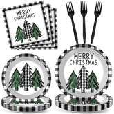 100Pcs Christmas Paper Plates And Napkins Buffalo Plaid Xmas Party Decoration Disposable Merry Christmas Tree Themed Tableware Dinnerware Set For Holiday Xmas Winter Party Supplies Serve 25