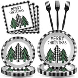 100Pcs Christmas Paper Plates And Napkins Buffalo Plaid Xmas Party Decoration Disposable Merry Christmas Tree Themed Tableware Dinnerware Set For Holiday Xmas Winter Party Supplies Serve 25
