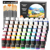 54 Colors Acrylic Paint, Acrylic Paint Set With 12 Paint Brushes, 2Oz/60Ml Bottles, Rich Pigmented, Water Proof, Premium Paints For Artists, Beginners And Kids On Canvas Rocks Wood Ceramic
