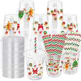 50 Sets Christmas Plastic Party Cups With Straws And Lids,12Oz Disposable Holiday Clear Cups Santa Tree Stocking Printed For Xmas Party, Celebrations, School, Office, Family Gatherings