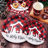 100Pcs Christmas Tableware Set Jesus Holy Night Disposable Paper Plates Napkins Cups Xmas Religious Red Black Buffalo Plaid Dinnerware Set Serves Guests For Christmas Baptism Party Supplies