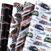 Race Car Birthday Wrapping Paper - 12 Sheet - Flames, Checkered Flags, Happy Birthday Text, Racing Cars & Tire Tread Pattern For Kids, Boys, Racing Lover - 27.5 X 19.6 Inches Per Sheet