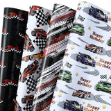 Race Car Birthday Wrapping Paper - 12 Sheet - Flames, Checkered Flags, Happy Birthday Text, Racing Cars & Tire Tread Pattern For Kids, Boys, Racing Lover - 27.5 X 19.6 Inches Per Sheet