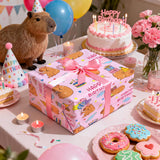 Pink Capybara Birthday Wrapping Paper Roll, Cartoon Capybara With Gifts, Balloons Cake Design For Kids Birthday Parties & Gift Wrapping, Mini Roll 17 In X 16.4 Feet