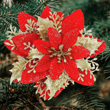 24 Pcs Red Gold Poinsettia Artificial Christmas Flowers 5.5" Glitter Poinsettias Christmas Decorations Tree Flower With Stems & Clips For Wreath Xmas Tree New Year Party Ornament Wedding