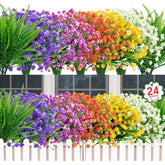 24 Bundles Artificial Flowers For Outdoors Uv Resistant Fake Plastic Plants Faux Boston Fern Greenery Stems For Spring Summer Indoor Garden Patio Window Box Kitchen Home Decor, Mixedcolor