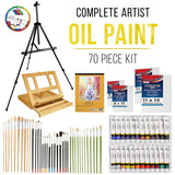 70-Piece Artist Oil Painting Set With Aluminum Field Easel, Wood Table Easel, 24 Oil Paint Colors, 37 Brushes, 2 Stretched Canvases, 6 Canvas Panels, Painting Pad, Palette & More