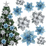 30 Pcs Poinsettia Christmas Artificial Glitter Flower Xmas Flower Poinsettia For Xmas Christmas Tree Craft Decor(Light Blue, Silver)