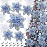 12 Pcs White And Blue Poinsettia Artificial Flowers Christmas With Clips Stems Chinoiserie Ornaments Xmas Tree Ornaments For Xmas Wedding Party Wreath Decoration, White And Blue