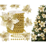 36 Pcs Christmas Glitter Poinsettia Flowers Artificial Flower Ornaments Faux Poinsettia Flower With Clips And Artificial Pearls For Christmas Decoration Holiday Party Decor(Gold)