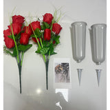2-Pack Artificial Memorial Flowers With Vases - Beautiful Cemetery Decorations For Grave (Red)